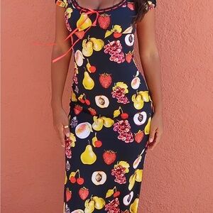 Black Fruit-Print Midi Dress with Red Trim